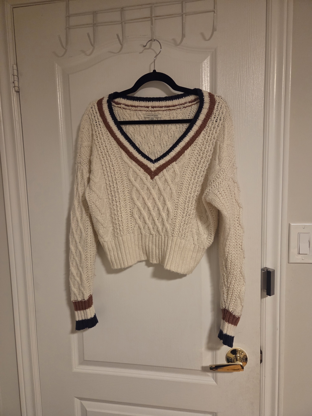 American Eagle Cream Cable-Knit V-Neck Cropped Sweater with Striped Trim